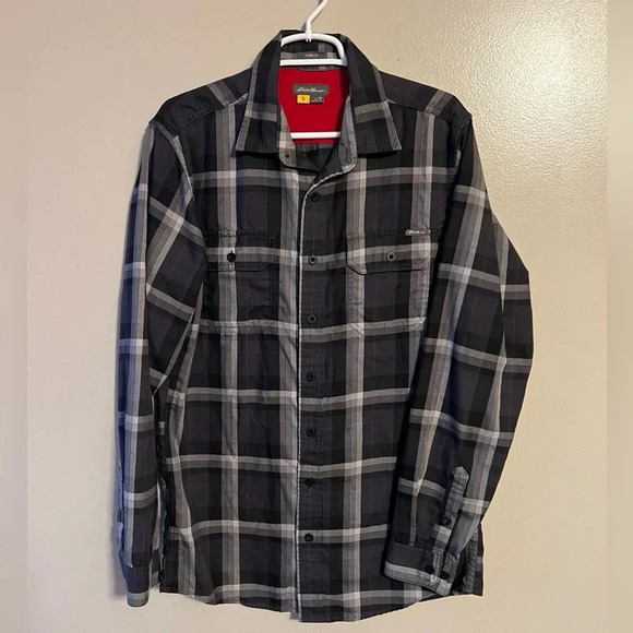 Eddie Bauer Flannel Shirt Plaid Classic Fit Tall Medium Black Gray Button Up‎ - Picture 1 of 6